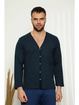Erkek %100 Pamuk Önden Düğmeli Cepli Uzun Kollu Pijama Takımı Lacivert