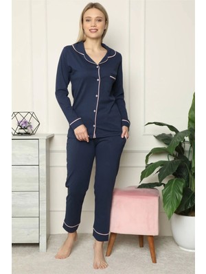 Kadın %100 Pamuk Penye Önden Düğmeli Uzun Kol Pijama Takım Lacivert