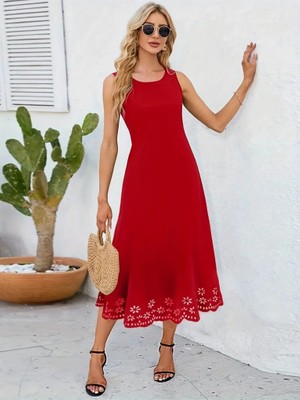 Arben Boutique Kadın Kolsuz Etek Ucu Lazer Kesim Çiçek Desenli Midi Boy Ithal Krep Elbise