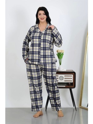 Kadın Büyük Beden Pamuklu Cepli Düğmeli Lacivert Pijama Takım
