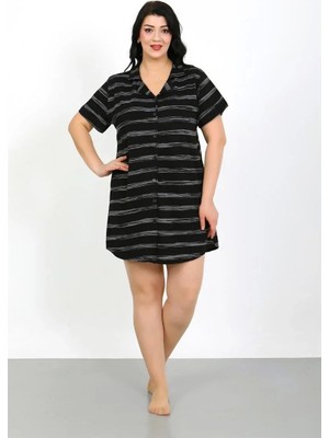 Büyük Beden Penye Düğmeli Siyah Tunik Gecelik