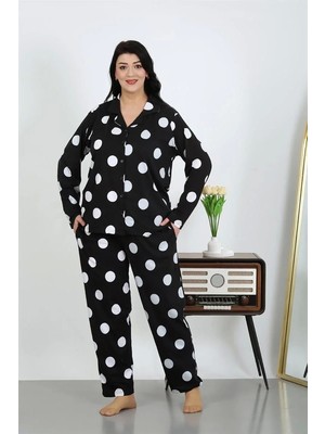 Kadın Büyük Beden Pamuklu Cepli Düğmeli Siyah Pijama Takım
