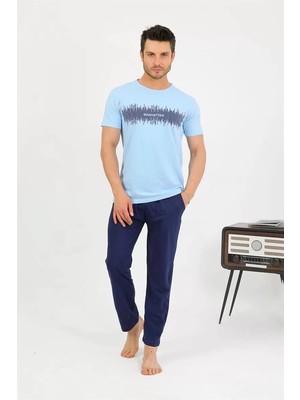 Erkek Pamuk Kısa Kol Pijama Takım Mavi
