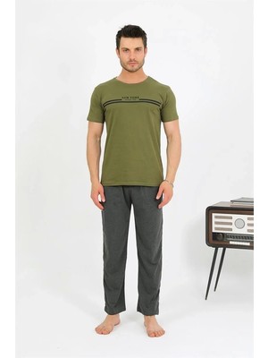Erkek Pamuk Kısa Kol Pijama Takım Haki