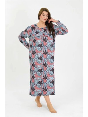 Kadın Büyük Beden Uzun Kol Somon Anne Gecelik