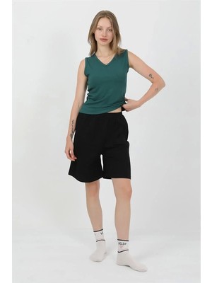 Kadın Kalın Askılı Pamuk Penye Şortlu Takım Yeşil