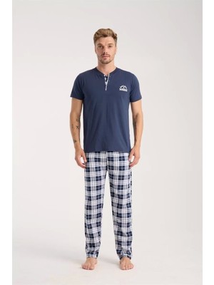 Erkek Lacivert Düğmeli Yaka Kısa Kol Pijama Takımı