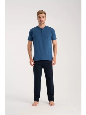 Erkek Indigo Düğmeli Yaka Kısa Kol Pijama Takımı