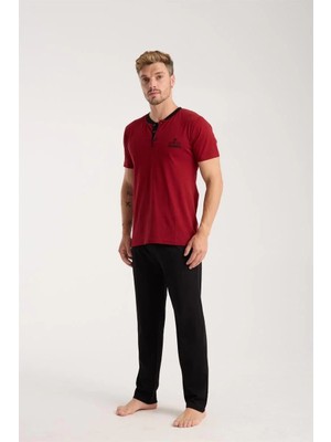 Erkek Bordo Düğmeli Yaka Kısa Kol Pijama Takımı