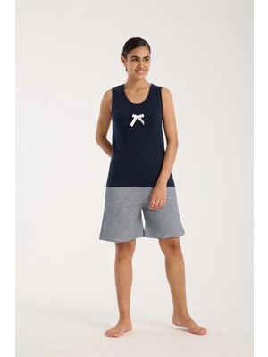 Kadın Lacivert Kurdele Detaylı Çizgili Şortlu Pijama Takımı