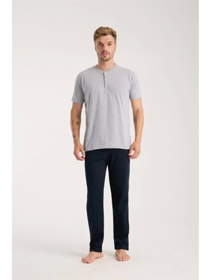 Erkek Gri Düğmeli Yaka Kısa Kol Pijama Takımı