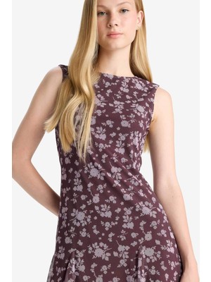 DeFacto Bisiklet Yaka Desenli Tül Kolsuz Mini Elbise F0415AX25WN