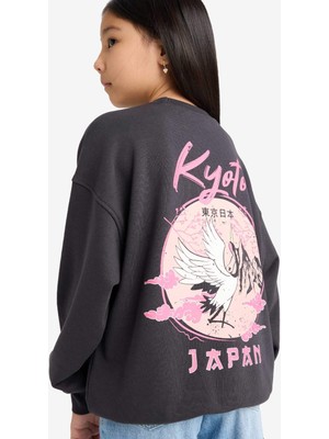 DeFacto Oversize Geniş Kalıp Bisiklet Yaka Sırt Baskılı Sweatshirt Kız Çocuk E6756A825AU