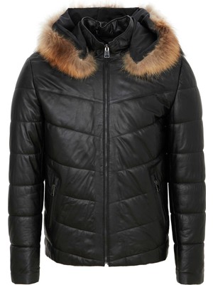 Tergan Siyah Hakiki Deri Erkek Mont - E23KDM310463-Q3H Uzun Kol Orta Kalınlık Düz Desenli