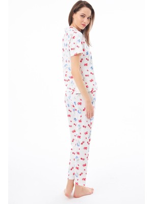 Cottonhill Premium Kadın Pijama Takımı Meyve Desenli Yumuşak Dokulu Kısa Kollu Gömlek Yaka