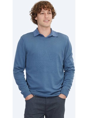 Havacı Mavi Bisiklet Yaka Desenli Pamuk Karışımlı Triko Kazak