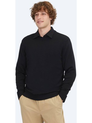 Kip Siyah Bisiklet Yaka Düz Örgü Yün Karışımlı Triko Kazak