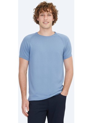 Havacı Mavi Bisiklet Yaka Jakarlı Triko