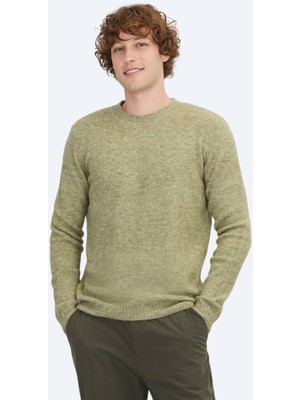 Kip Haki Bisiklet Yaka Jakarlı Yün Karışımlı Triko Kazak