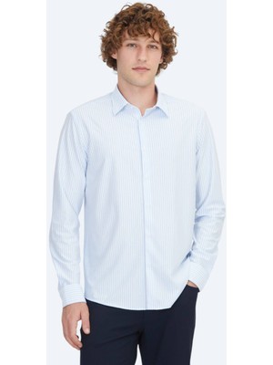 Mavi Çizgili Regular Fit Spor Pamuk Karışımlı Gömlek