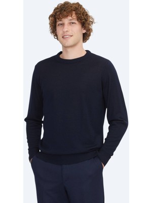 Kip Lacivert Bisiklet Yaka Düz Örgü Yün Karışımlı Triko Kazak