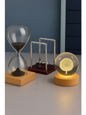 3 Lü Masa Üstü Seti – Newton Balans, Kum Saati, Usb'li LED Işıklı Karahindiba Küre Ofis Hediyesi