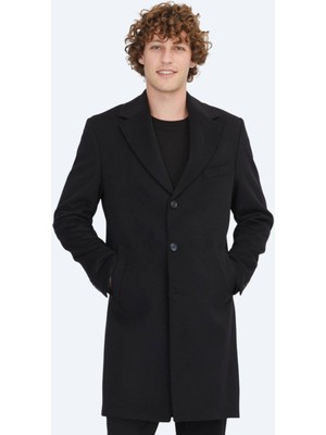 Siyah Regular Fit Kelebek Yaka Klasik Dokuma Palto