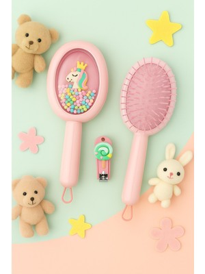 1 Adet Çocuk Saç Tarağı – 1 Adet Emojili Tırnak Çakısı Renkli-Masaj Etkili Pastel Tarak