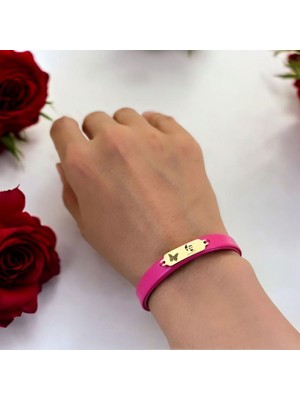 Altın Plakalı 14 Ayar Atatürk Temalı Pembe Derili Kelebek Figürlü Hediye BILEKLIK-651SEMBOL