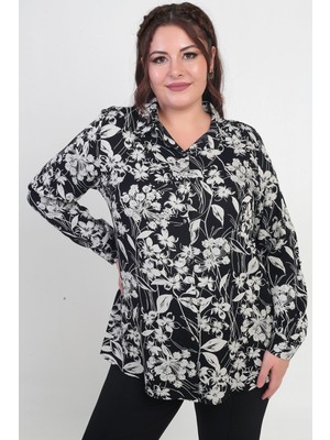 Kadın Kol Katlamalı Çiçekli Büyük Beden Gömlek