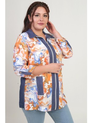 Kadın Önü Fermuarlı Desenli Büyük Beden Kot Gömlek