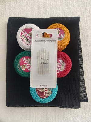 Etamin (Kanaviçe) Başlangıç Seti - 5 Parça Renkli Ip +Siyah  Etamin Kumaş + Iğne Seti