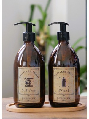 3lü Set Vintage Etiket Boş Amber Cam Şişe Bulaşık Deterjanlık Çamaşır Suyu 2X500ML Ahşap Altlık
