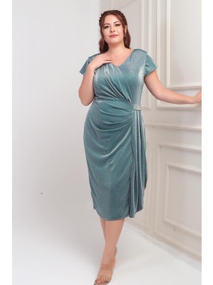 Kadın Ön Arka V Yaka Beli Taş Detaylı Astarlı Simli Sandy Kumaş Büyük Beden Midi Elbise