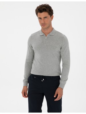 Pierre Cardin Erkek Gri Melanj Slim Fit Polo Yaka Fermuarlı Basic Triko Kazak 50315406-VR086