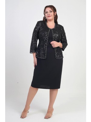 Kadın Pul Işlemeli Boncuk Detaylı Tül Ceket Yarım Ay Kollu Kısa Elbise Astarlı Krep Büyük Beden 2'li Takım