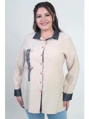 Kadın Önü Nakış Işlemeli Kot Aplikeli Büyük Beden Lyocell Gömlek