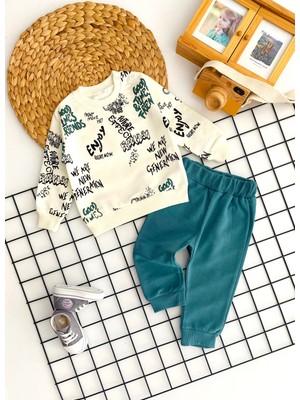 Neşeli Bebekler Enjoy Baskılı Desen Penye Takım Yeşil