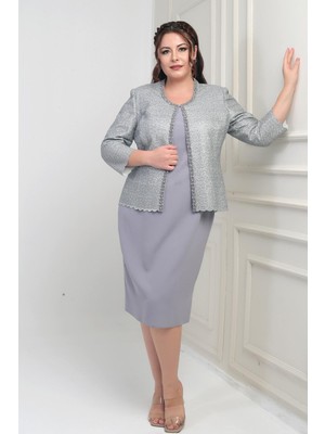 Yaka Taşlı Astarlı Krep Elbise Pulpayet Ceket Büyük Beden Ikili Takım