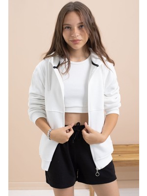 Cansın Mini Beyaz Kız Çocuk Kapüşonlu Hırka 21520 Uzun Kol Pamuklu Baskılı Orta Kalınlık