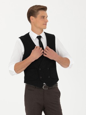 Cacharel Erkek Siyah Slim Fit Yün Karışımlı Çizgili Klasik Yelek 50276508-VR046