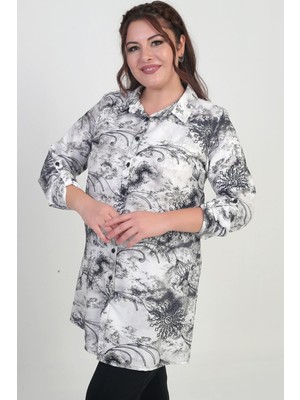 Kadın Kol Katlamalı Batik Desenli Büyük Beden Uzun Gömlek