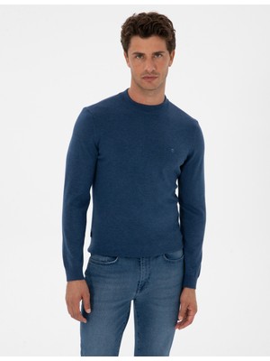 Pierre Cardin Erkek Indigo Melanj Slim Fit Çeyrek Yaka Basic Triko Kazak 50315456-VR155