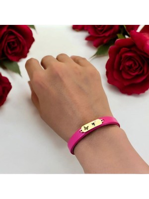 14 Ayar Plakalı Altın Melek Temalı Pembe Derili Kelebek Figürlü Hediye BILEKLIK-651SEMBOL