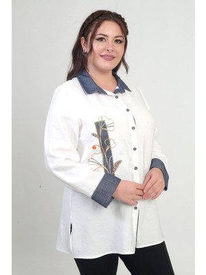 Kadın Önü Nakış Işlemeli Kot Aplikeli Büyük Beden Lyocell Gömlek
