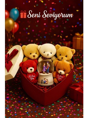 Seni Seviyorum Hediye Kutusu sevgiliye Özel Romantik Kalpli Kutuda Ayıcık ve Kar Küresi hediye Seti