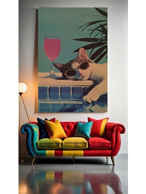 Özkacar Group Havuzda Bayılan Kedi Ev Duvar Salon Güzellik Salonu Ofis Dükkan Dekarasyon Kanvas Tablo