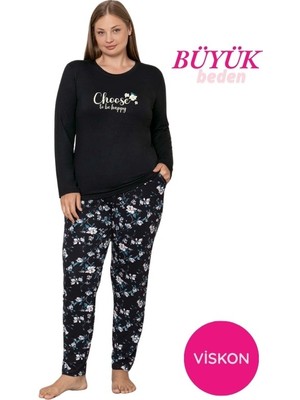 Kadın Bisiklet Yaka Düğmesiz Dökümlü Viskon Mevsimlik Uzun Kol Cepli Pijama Takımı