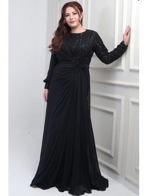 Kadın Üstü Pul-Boncuk Işlemeli Astarlı Beli Çiçekli Büyük Beden Uzun Şifon Elbise