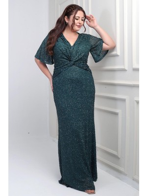 Kadın V Yaka Astarlı Önü Düğüm Detaylı Boru Boncuk Işlemeli Büyük Beden Uzun Elbise